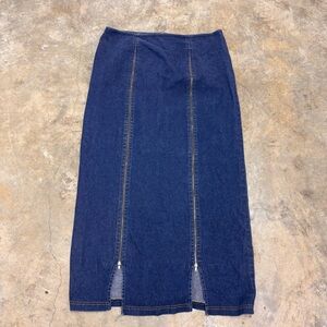 VTG 90s Beware Denim Maxi Skirt Double Zipper Front Slit Grunge Y2K Womens XL